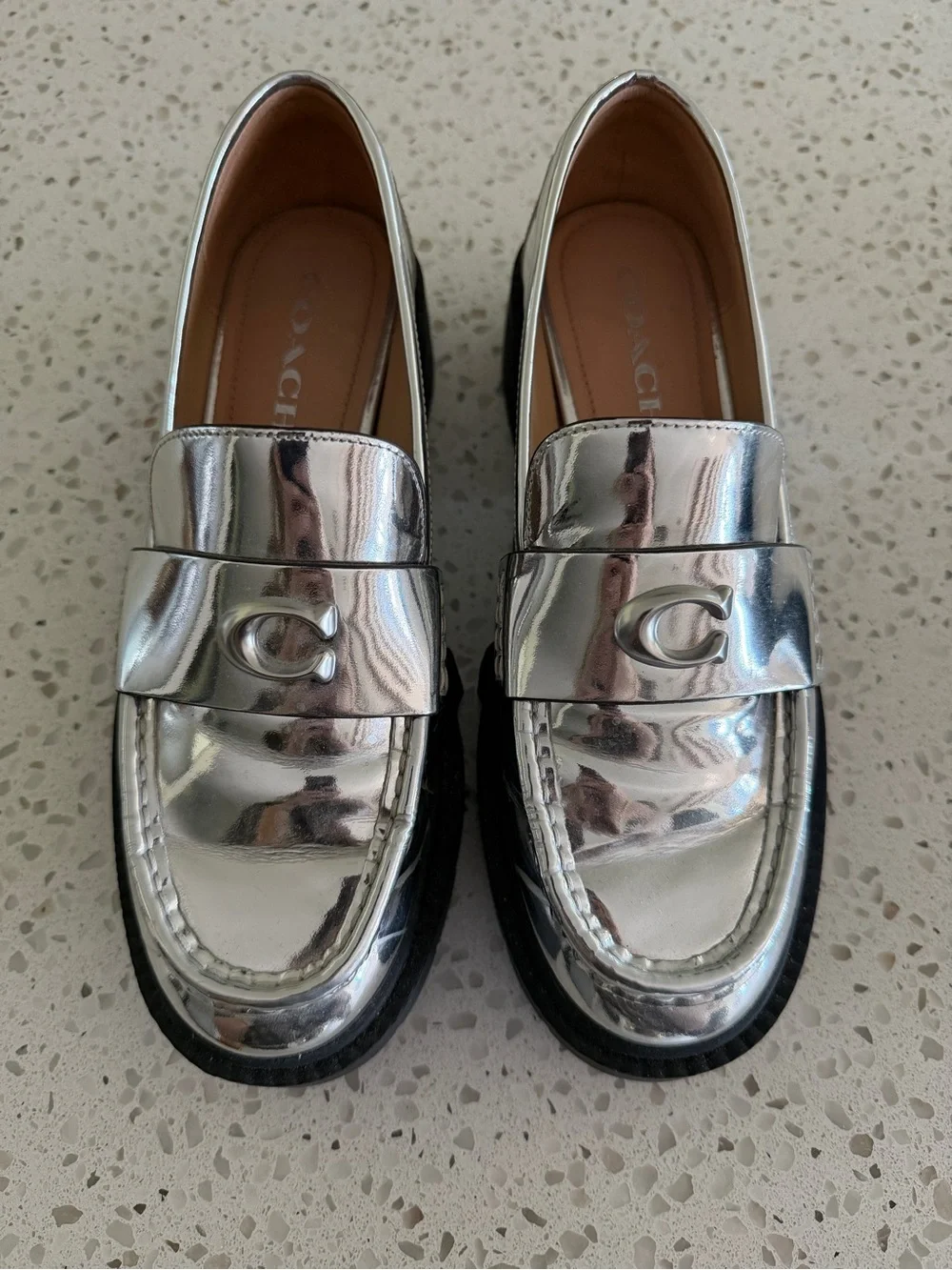 Coach Leah Women’s Silver Metallic Lug Sole Loafers
